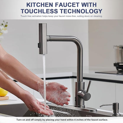 AVSIILE Touchless Kitchen Faucets with Pull Down Sprayer & Soap Dispenser, Waterfall Single Hole & Handle, Pull Out Sink Faucet in Gray, Suitable for Farmhouse Camper Laundry Rv Bar