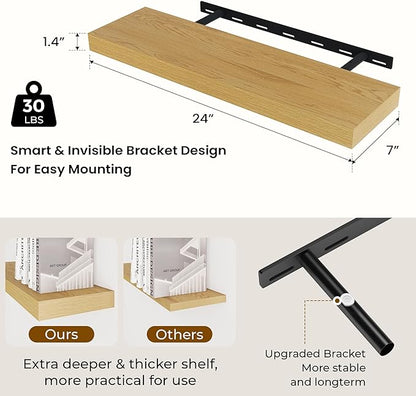 Dreamland 24 Inches Floating Shelves for Wall, 6.7 Inch Deep Floating Shelves Set of 2, Large Display & Storage Shelf, Wall Shelf for Bathroom Bedroom Living Room Kitchen Office,Oak