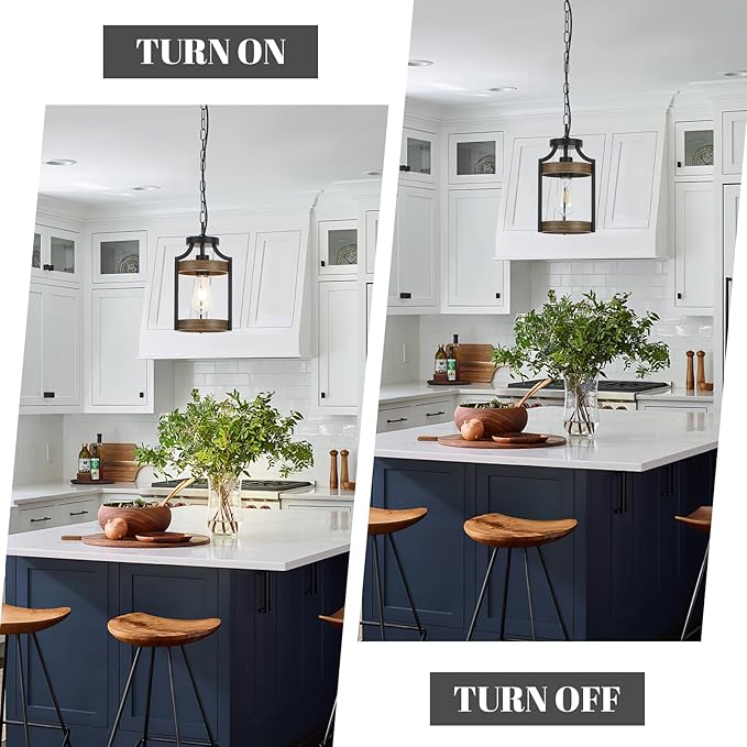 Farmhouse Pendant Light, Rustic Wood Metal Light Fixtures with Adjustable Hanging Chain, Small Pendant Lighting for Kitchen Island, Dining Room, Entryway, Cafe & Bar, 1 Pack