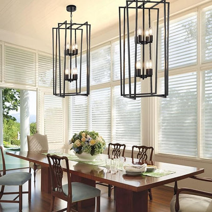 8-Light Tiered Lantern Pendant Light Fixtures,Large Foyer Chandeliers for High Ceilings,Industrial Foyer Lighting Fixtures,Long Chandeliers for High Ceilings,Farmhouse Chandelier for Entryway, Black