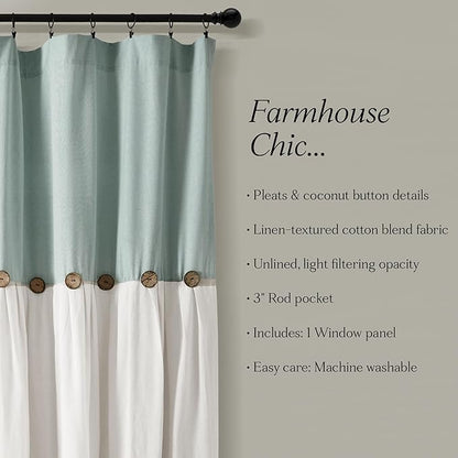 Lush Decor Linen Button Window Curtain Panel, Single, 100" W x 84" L, Blue & White - Country Curtains - Rustic Decor - Color Block Modern Farmhouse Curtains For Living Room, Bedroom & Dining Room