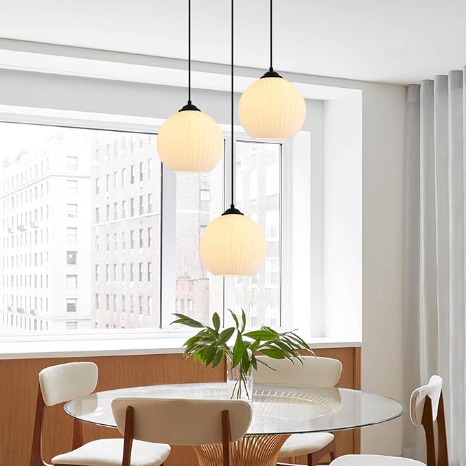KCO Lighting Vintage Ribbed Glass Pendant Light Black Globe Pendant Lights Kitchen Island Mid Century Modern Pendant Light Milk Glass Hanging Light Fixture (2 Pack)