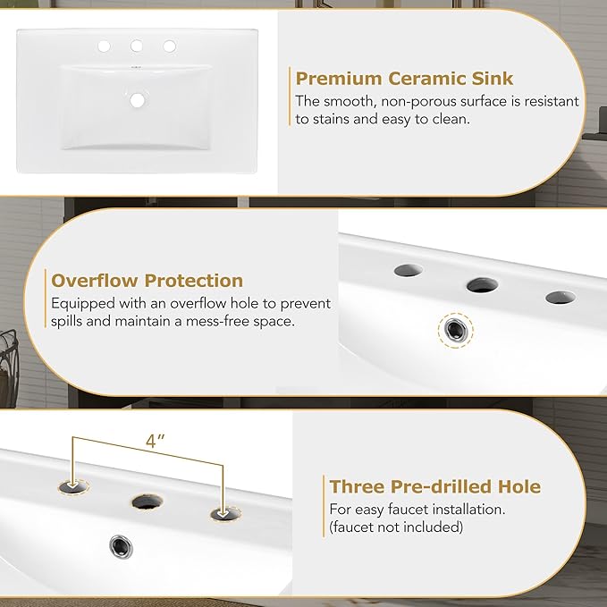 GDFStudio 30" Bathroom Vanity Sink Combo with 3 Drawers & 1 Soft Closing Door Floor Mount Freestanding Wood Bathroom Storage Cabinet Set with Ceramic Basin Sink Top for Small Bathroom Space, Black