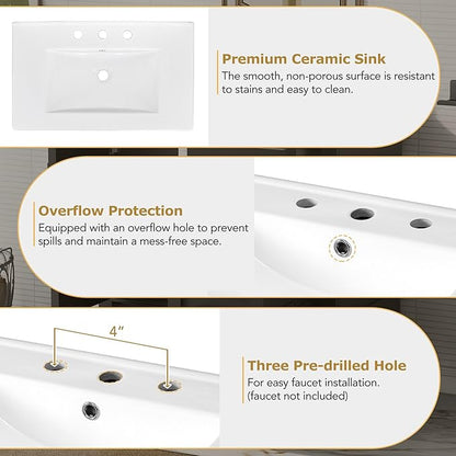 GDFStudio 30" Bathroom Vanity Sink Combo with 3 Drawers & 1 Soft Closing Door Floor Mount Freestanding Wood Bathroom Storage Cabinet Set with Ceramic Basin Sink Top for Small Bathroom Space, Black