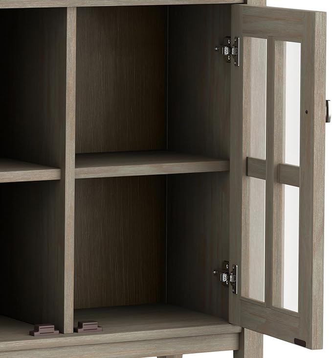 SIMPLIHOME Warm Shaker Storage Cabinet - 32 inch Wide Solid Wood 2-Shelf Low Storage Cabinet in Distressed Grey, Transitional Accent Cabinet for Entryway with Tempered Glass Doors and Shelves