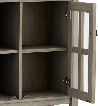 SIMPLIHOME Warm Shaker Storage Cabinet - 32 inch Wide Solid Wood 2-Shelf Low Storage Cabinet in Distressed Grey, Transitional Accent Cabinet for Entryway with Tempered Glass Doors and Shelves