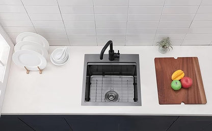 18"x18" Black Drop in Bar Sink, Top Mount Small Stainless Steel Wet Prep Kitchen RV Bar Outdoor Sink, Topmount Single Bowl Workstation with Cutting Board,Stainless Steel Grid & Strainer