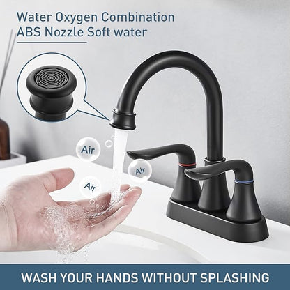 GENBONS Bathroom Faucets for Sink 3 Hole, 4 inch Matte Black with Pop-up Drain and 2 Supply Hoses 2 Handle Centerset Faucet for Sink Vanity