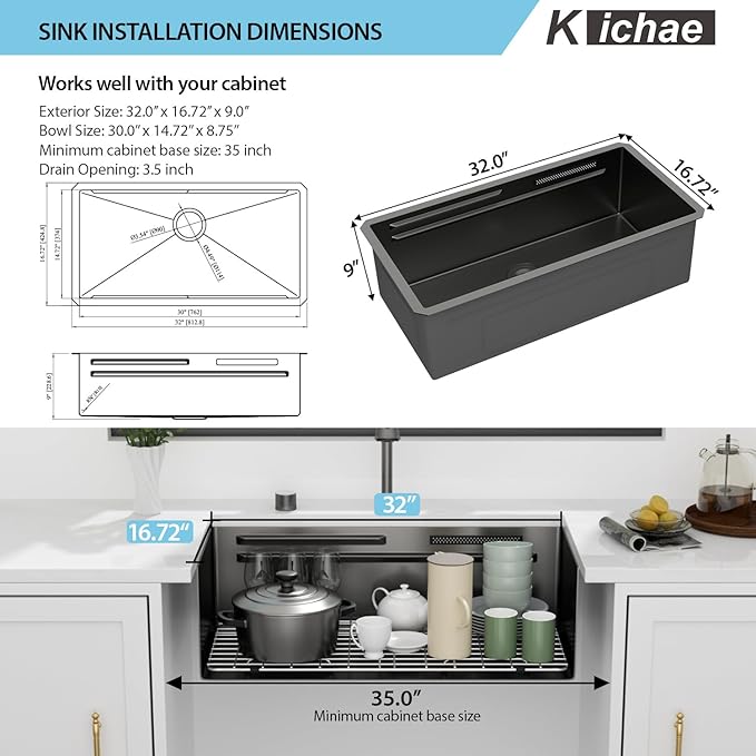 Kichae 33" Undermount Waterfall Kitchen Sink - 33x17 Black Undermount Sink Ledge Workstation 16 Gauge Stainless Steel Deep Single Bowl Under Counter Handmade Basin with Faucet Combo & Wash Basin
