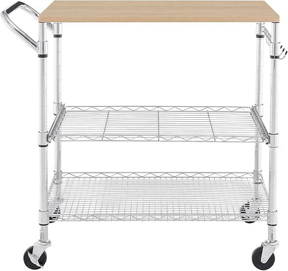3 Tier Rolling Kitchen Cart with Wood Tabletop, Kitchen Island Carts with Wheels & Slider Shelf, Microwave Cart on Wheels, Coffee Cart with Hooks, 35.4" L*18.1" W*31.9" H，Wood+Chrome