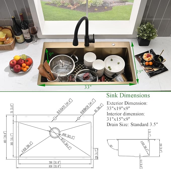 33 Inch Gold Drop In Kitchen Sink with Faucet Combo-Brovy 33x19 Drop-In Top Mount Kitchen Sink Brushed Gold 18 Gauge Deep Single Bowl Kitchen Sink with Mat&Drainer