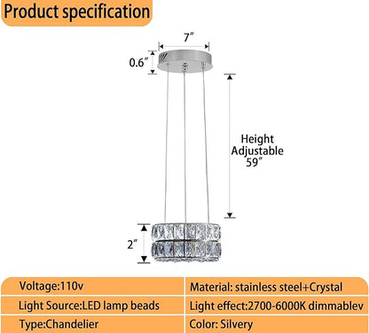 Modern Crystal Ring Chandelier for Dining Room Chrome Crystal Chandelier for Living Room Dimmable LED 11.8" Ring Pendant Light Adjustable Dimmable 2700k-6000k