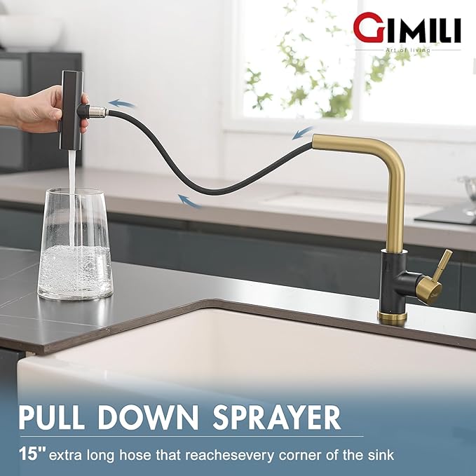 GIMILI Black and Gold Touchless Kitchen Faucet with Pull Down Sprayer, 15” Hight Single Hole Handle Kitchen Sink Faucets