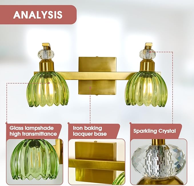 Vintage Gold Vanity Light 2 Lights Bathroom Lighting Fixture with Green Tulip Glass Shade Antique Brass Vanity Lights Over Mirror for Kitchen Bedroom Living Room Farmhouse