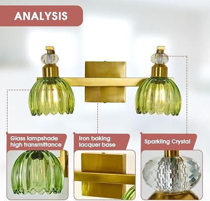 Vintage Gold Vanity Light 2 Lights Bathroom Lighting Fixture with Green Tulip Glass Shade Antique Brass Vanity Lights Over Mirror for Kitchen Bedroom Living Room Farmhouse