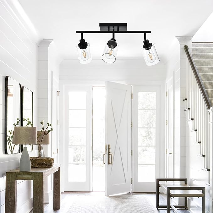 MELUCEE 3 Light 20.5 Inch Bathroom Vanity Light Black Track Lighting Fixtures Ceiling, Vanity Lighting Fixtures with Rotatable Track Head for Hallway Porch Foyer Bath Storage, Clear Glass Shade