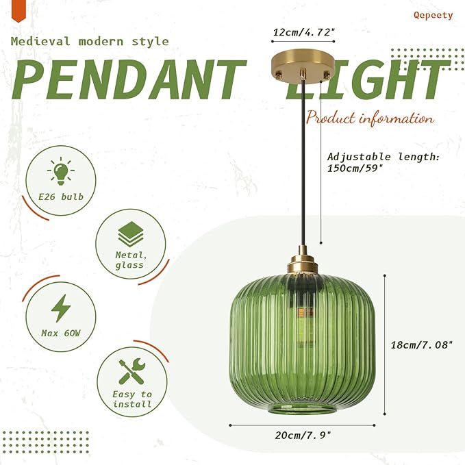 Modern Pendant Light, 7.9 Inch Globe Farmhouse Pendant Fixture with Striped Glass Shade, Adjustable Height Ceiling Light for Kitchen Island, Dining Room, Living Room, Bedroom, Entryway