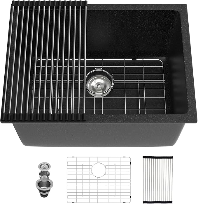 Sarlai Black 24 Inch Undermount Laundry Sink Granite Composite - 12 Inch Deep Utility Laundry Sink 24x18 Matte Black Granite Kitchen Sinks Undermount Quartz Classic Under Counter Single Bowl Basin