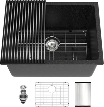 Sarlai Black 24 Inch Undermount Laundry Sink Granite Composite - 12 Inch Deep Utility Laundry Sink 24x18 Matte Black Granite Kitchen Sinks Undermount Quartz Classic Under Counter Single Bowl Basin