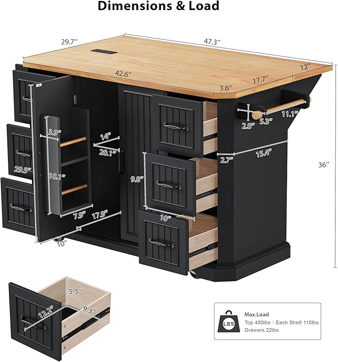 Merax Farmhouse Rolling Kitchen Island on Wheels with Drop Leaf Table & Power Outlet, Wood Kitchen Cart on Wheels with Towel Rack, 6 Drawers & Cabinet, 55" Wide Black