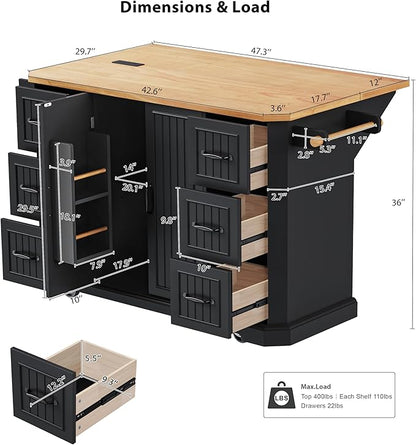 Merax Farmhouse Rolling Kitchen Island on Wheels with Drop Leaf Table & Power Outlet, Wood Kitchen Cart on Wheels with Towel Rack, 6 Drawers & Cabinet, 55" Wide Black