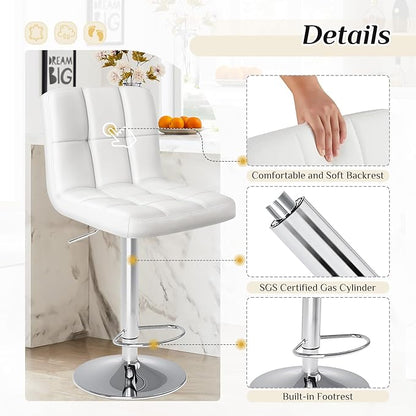 DUMOS Bar Stools Set of 2, 24 inch Counter Height Bar Stools, Upholstered Modern Kitchen Barstools with Metal Base, PU Leather Saddle Stools for Kitchen Island, Snowy White