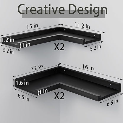 4-Tier L-Shaped Pine Wood Wall Shelf - Floating Corner Shelves with Lip, Black, Modern, Living Room, Bedroom, Bathroom Storage