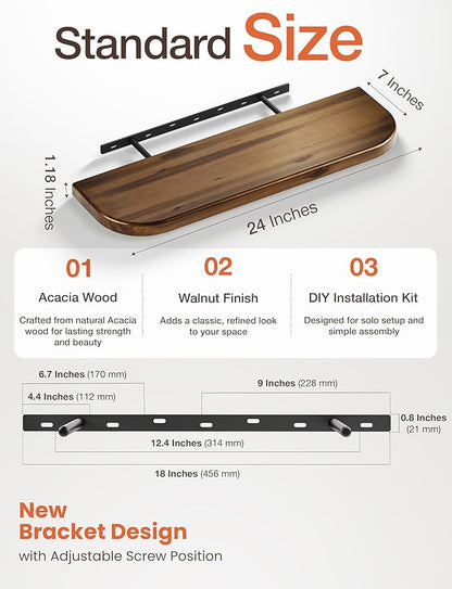 BATODA Set of 2 24” Acacia Floating Shelves for Wall (Round Edge) - Floating Bookshelf Wall - Storage Wood Shelves for House Decor, Kitchen, Bathroom - Brackets and Hardware Included (Walnut Color)