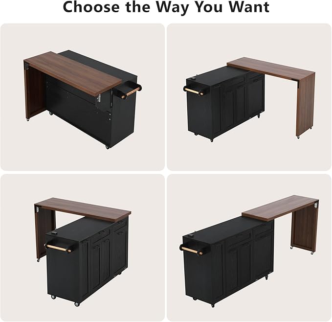 Kitchen Island with Extendable Dining Table Rolling Cart with Trash Storage Cabinet and 3-Tier Pull-Out Spice Rack for Dining Room Practical(Black)