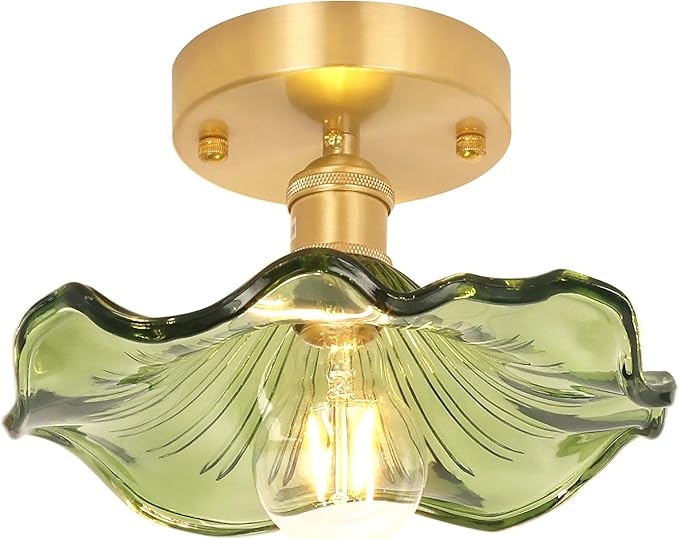 Shenmoyl Semi Flush Mount Light, Gold Hallway Vintage Fixture With Green Water Lily Glass, Bulb Included, 4.72" Base Modern Ceiling Light for Porch Kitchen Bedroom