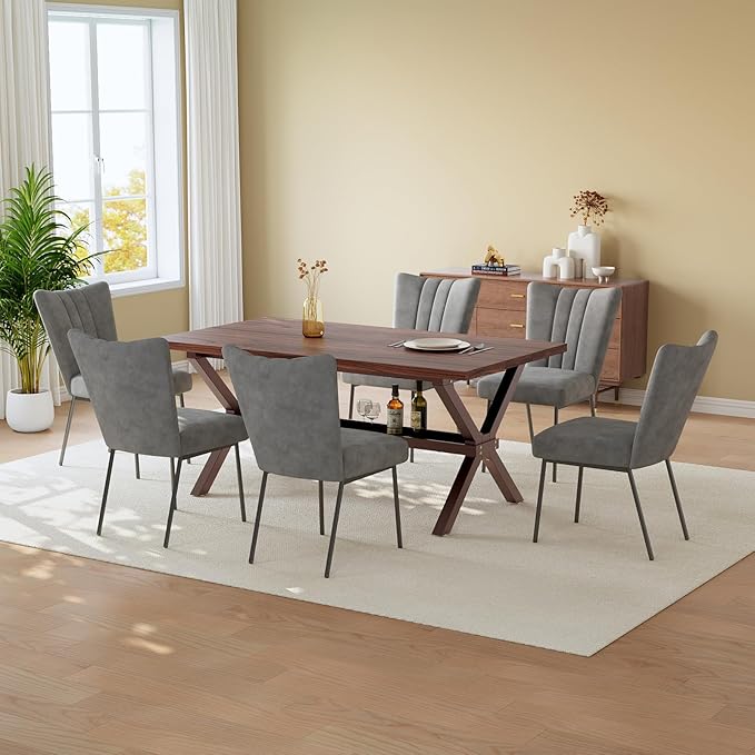 HIPIHOM 63 Inch Modern Dining Room Table Set for 6, MDF Kitchen Table with Upholstered Chairs, Scratch-Resistant Surface, Strong Metal Legs, Great for Apartments and Breakfast Nooks