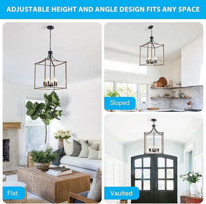 XINGQI 15.7" Modern Farmhouse Chandeliers for Dining Room 6-Light Geometric Lantern Black Wood Grain Finish Cage Pendant Lighting Fixture for Staircase Foyer Kitchen Entryway