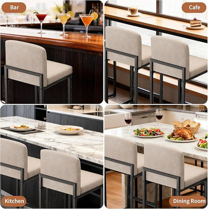 GarveeHome Bar Stools Set of 4, Modern Counter Height Bar Stools with Back and Footrest, Faux Leather Upholstered Barstools Chairs for Kitchen Island Dining Room Bar, Beige