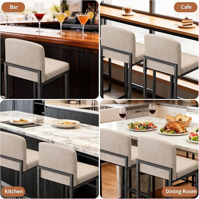GarveeHome Bar Stools Set of 2, Modern Counter Height Bar Stools with Back and Footrest, Faux Leather Upholstered Barstools Chairs for Kitchen Island Dining Room Bar, Beige