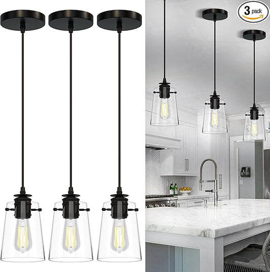 3Pack Pendant Lights Kitchen Island, Modern Industrial Pendant Light Fixtures with Glass Shade, E26 Socket Adjustable Cord for Dining Room, Bedroom, Living Room, Farmhouse Pendant Lighting