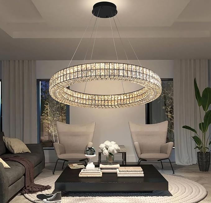 Large Ring Chandelier 47.5 inch Black Modern Crystal Chandelier Lighting High Ceiling Foyer Chandeliers for Living Room Dining Room Staircase Led Dimmable 2700k-6000k