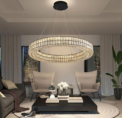 Large Ring Chandelier 47.5 inch Black Modern Crystal Chandelier Lighting High Ceiling Foyer Chandeliers for Living Room Dining Room Staircase Led Dimmable 2700k-6000k