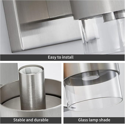 WUZUPS Set of 2 1-Light Bathroom Wall Light Fixture Over Mirror Flat Class Shade Morden Vanity Scones for Bathroom Bedroom Living Room, E12 Base, Brushed Nickel