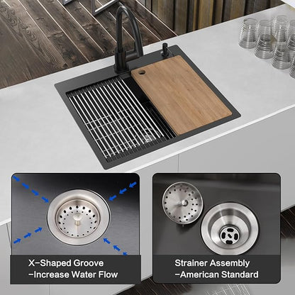 Black Kitchen Sink Workstation, 25x22 Inch Stainless Steel Drop In Modern Large Single Bowl Workstation Sink Accessory Combo-SS Grid,Drying Rack,Cutting Board,Soap Dispenser, Drain Strainer Set