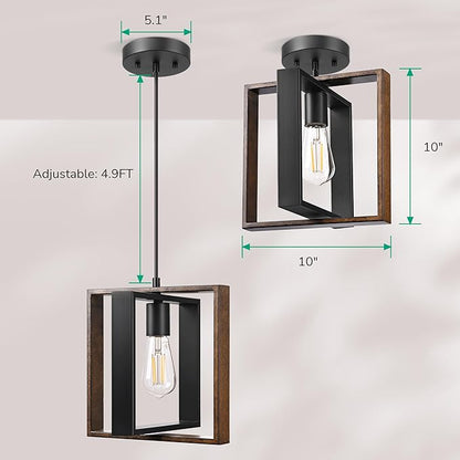 EDISHINE Farmhouse Pendant Light Fixture, Rustic Hanging Light Fixture with Wood Grain and Black Finish, Pendant Lighting for Kitchen Island, Dining Room, Hallway, Adjustable Cord