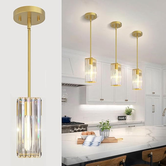 Brushed Gold Pendant Lights Kitchen Island,Modern 10"K9 Crystal Pendant Lighting Fixture,Adjustable Rods Small Hanging Light with Flat or Sloped Ceiling Mount,for Island Dining Room Kitchen Sink 1Pack