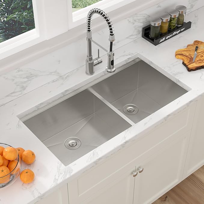 Sarlai 36 Inch Undermount Kitchen Sink Double Bowl Kitchen Sink Low-Divide Large Undermount Workstation16 Gauge Stainless Steel 50/50 Double Basin Under Counter Sinks