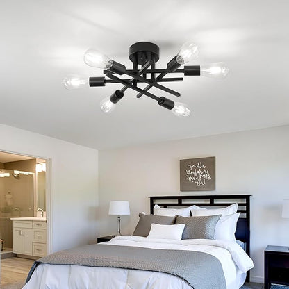 Semi Flush Mount Motion Sensor Ceiling Light Fixture，6 Lights Black Vintage Matte Sputnik Chandelier Ceiling Lamp with E26 Bulb Base for Farmhouse Dining Room Living Room Bedroom Study Kitchen