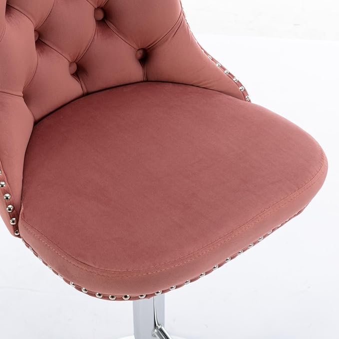 Rhomtree Velvet Swivel Bar Stools Upholstered Bar Stool with Button Tufted Back and Pull Ring Height Adjustable Barstools 25-33 Inch for Home Pub and Kitchen Island (Pink with Silver Base, Set of 2)