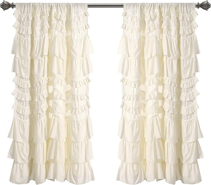 Lush Decor Kemmy Light Filtering Window Curtain Panel Single 52" W x 63" L Ivory - Drapes - Ruffled Curtains for Bedroom - Cream Curtains - Coquette Decor