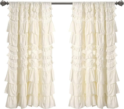 Lush Decor Kemmy Light Filtering Window Curtain Panel Single 52" W x 63" L Ivory - Drapes - Ruffled Curtains for Bedroom - Cream Curtains - Coquette Decor