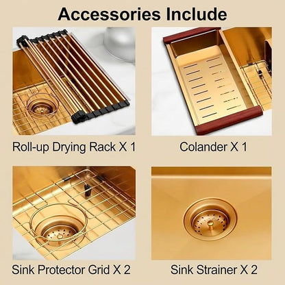 32 inch Double Bowl Kitchen Sink,Gold Undermount Kitchen Sink 32 X 18 inch,16 Gauge Stainless Steel Undermount Sinks,Special Low-Divide Design