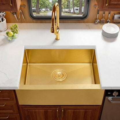MILOSEN Gold RV Kitchen Sink, Stainless Steel Farmhouse Apronfront Kitchen Sinks, 23×16 inch Undermount RV Sink, Small Single bowl Laundry Apron Sink, 7 inch Depth Outdoor Camper Sinks