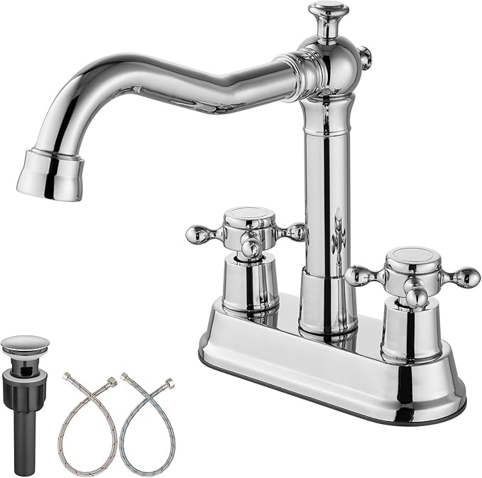Aolemi 4 Inch Centerset Bathroom Sink Faucet Vintage 2 Cross Handle RV Mixer Tap Basin Vanity Lavatory Utility for Sink 3 Hole Include Hoses Pop Up Drain Faucet Handle Without Label Polish Chrome