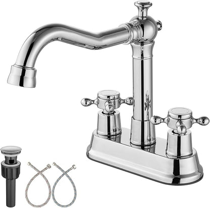 Aolemi 4 Inch Centerset Bathroom Sink Faucet Vintage 2 Cross Handle RV Mixer Tap Basin Vanity Lavatory Utility for Sink 3 Hole Include Hoses Pop Up Drain Faucet Handle Without Label Polish Chrome